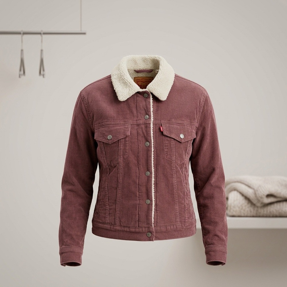Levi's Sherpa Lined Trucker Jacket Women's XL Burgundy Corduroy Faux Fur Snap